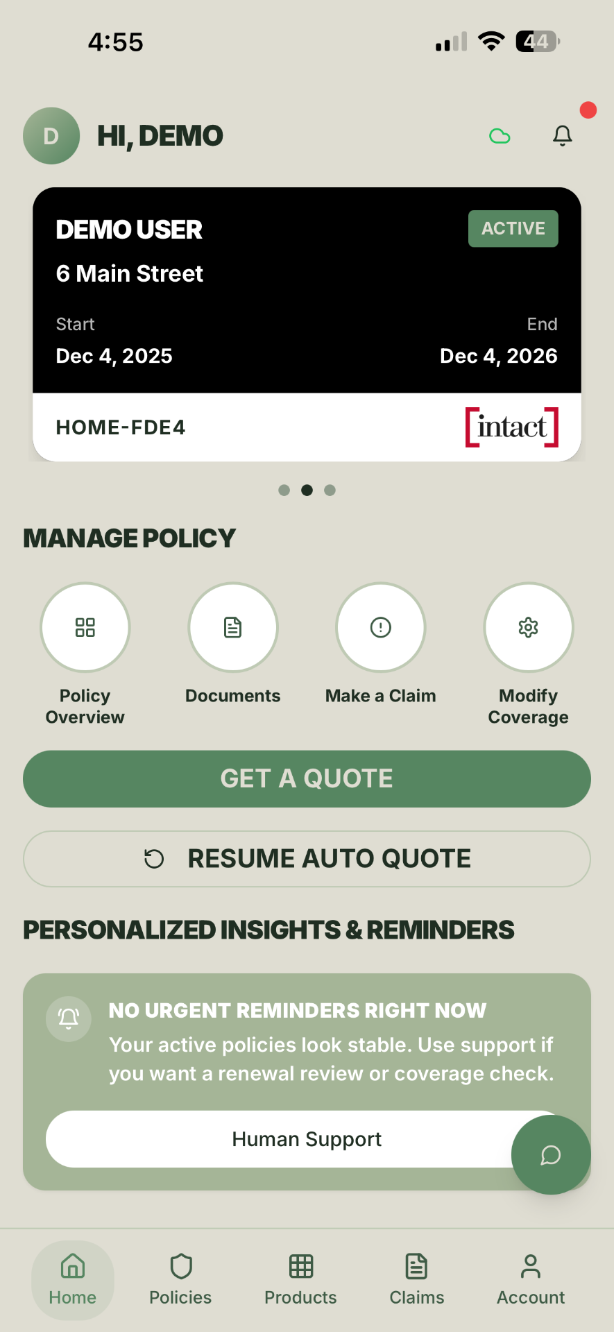 Active home insurance policy with manage policy actions