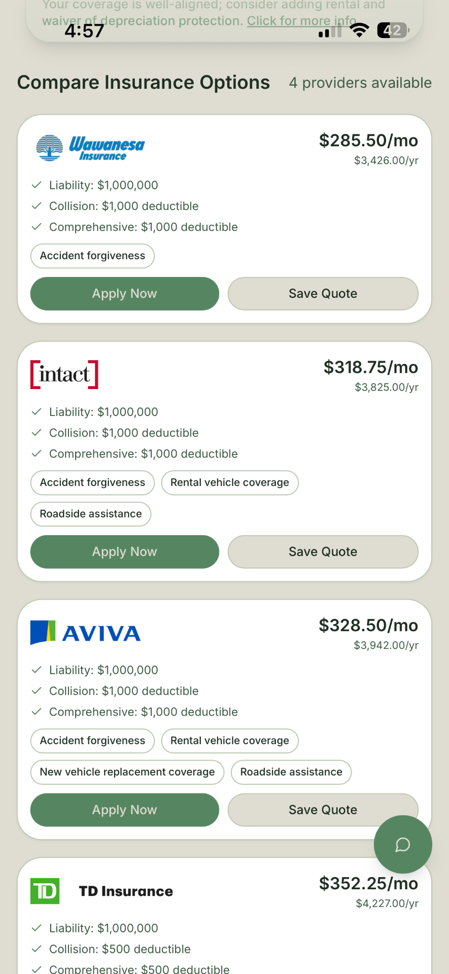 Quote results screen comparing CAA, Intact, Wawanesa, Aviva and TD auto quotes
